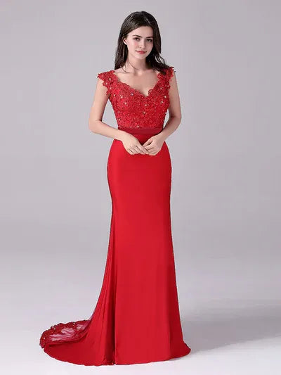 Mermaid V-neck Lace Floor Length Sleeveless Backless mother's dress