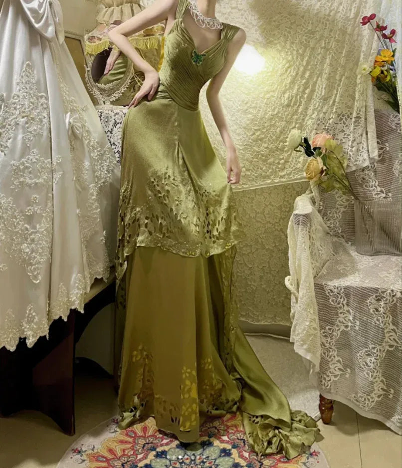 Mermaid V Neck Pleated Beaded Sage Green Train Evening Dress For Sale