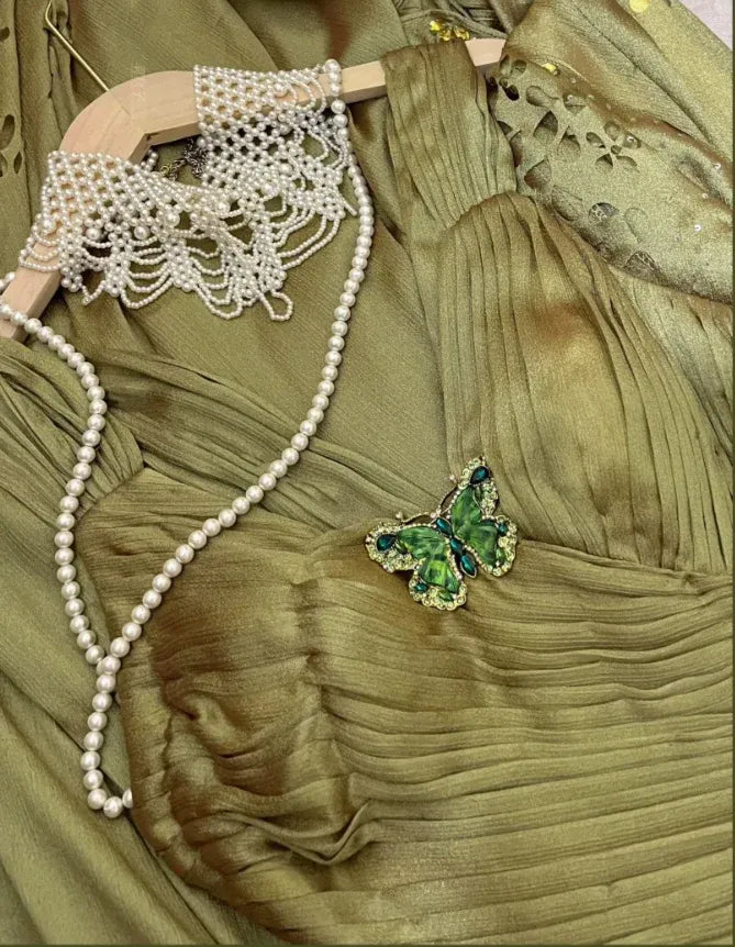 Mermaid V Neck Pleated Beaded Sage Green Train Evening Dress For Sale