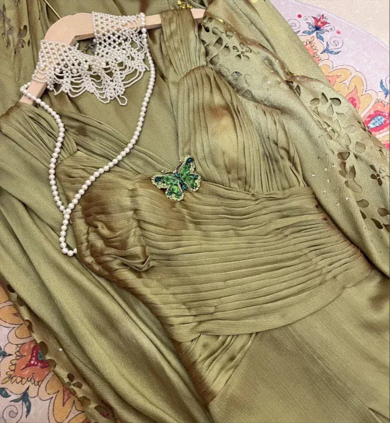Mermaid V Neck Pleated Beaded Sage Green Train Evening Dress For Sale
