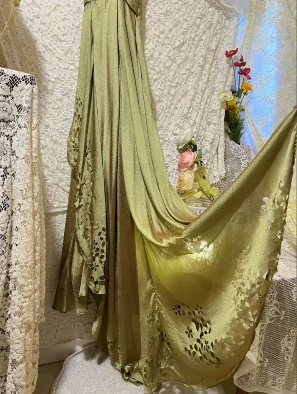 Mermaid V Neck Pleated Beaded Sage Green Train Evening Dress For Sale