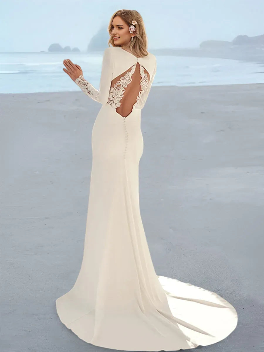 Mermaid Wedding Dress Deep V - Neck Lace Trimmed Sleeves Flowing Train for Coastal Brides