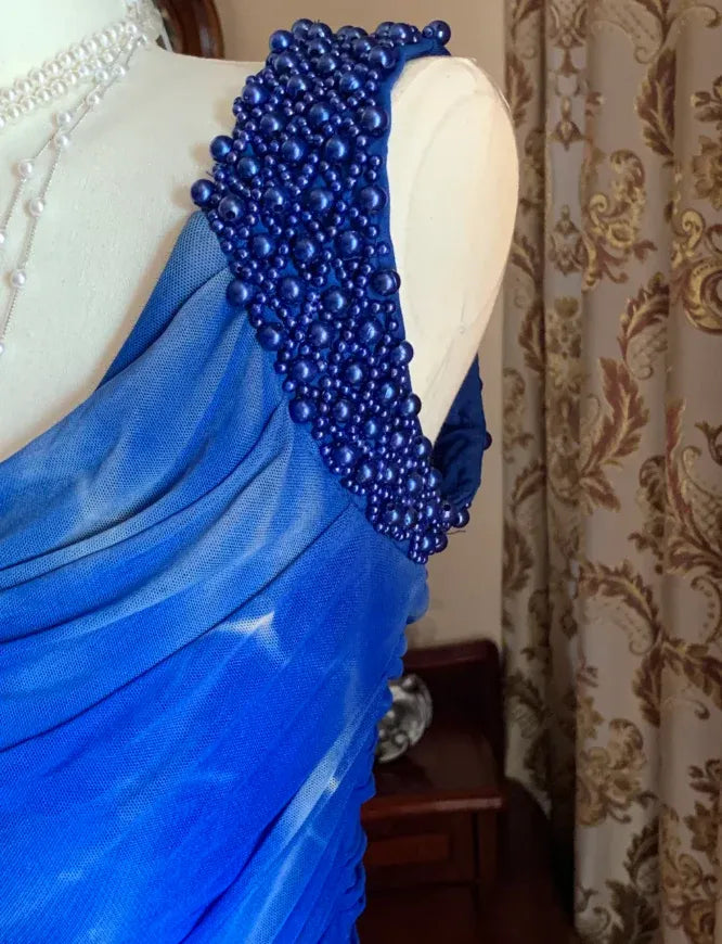 Mermaid Cowl Neck Beaded Pleated Royal Blue Maxi Evening Dress