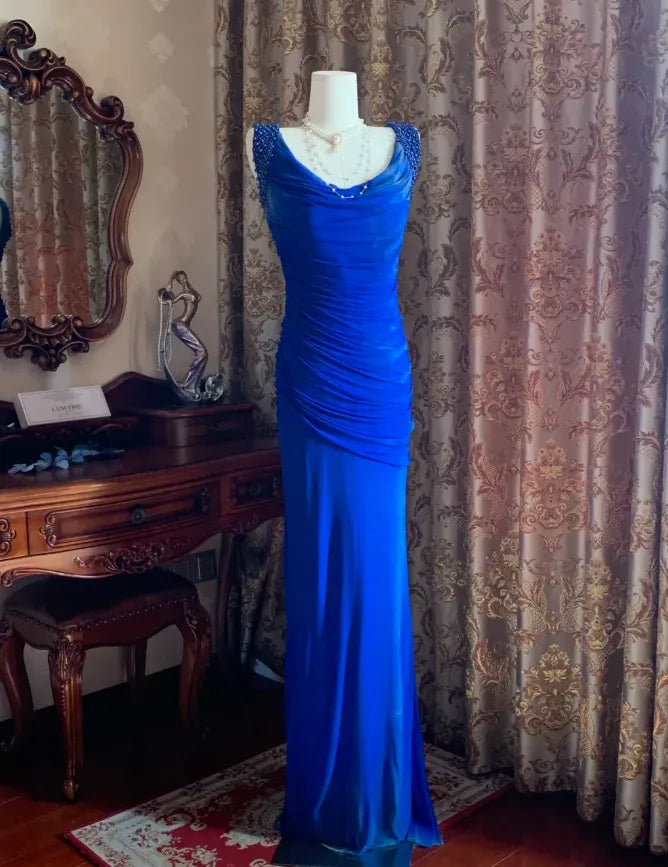 Mermaid Cowl Neck Beaded Pleated Royal Blue Maxi Evening Dress
