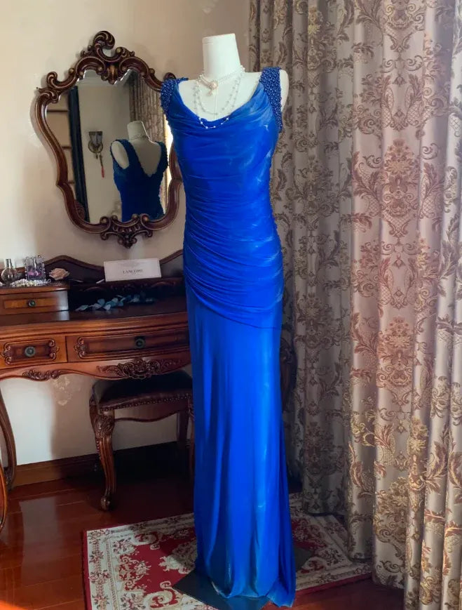 Mermaid Cowl Neck Beaded Pleated Royal Blue Maxi Evening Dress
