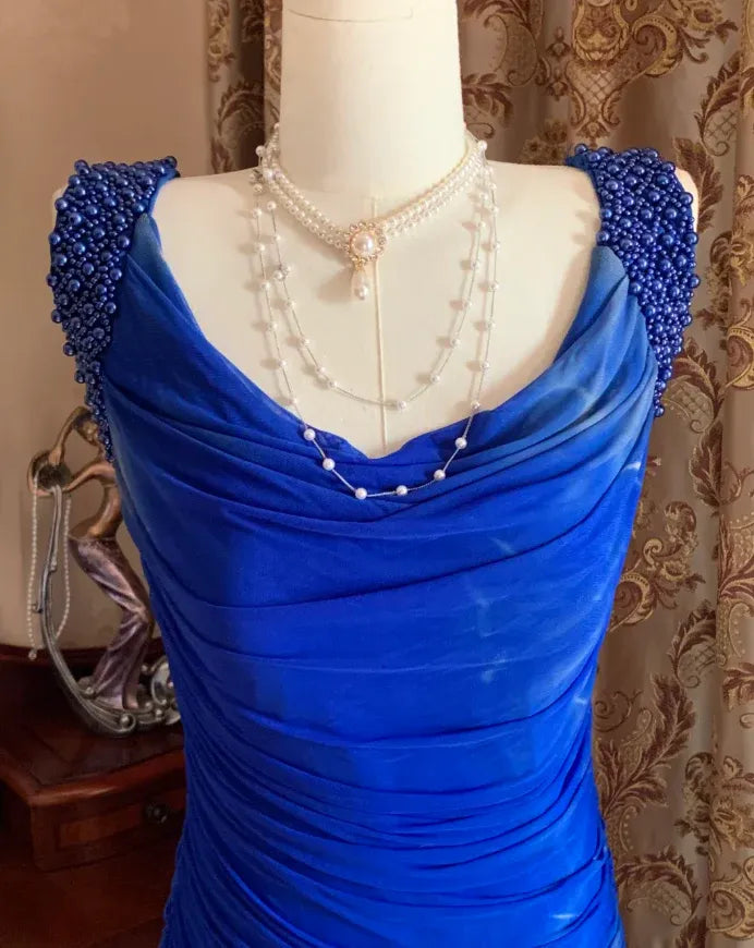 Mermaid Cowl Neck Beaded Pleated Royal Blue Maxi Evening Dress