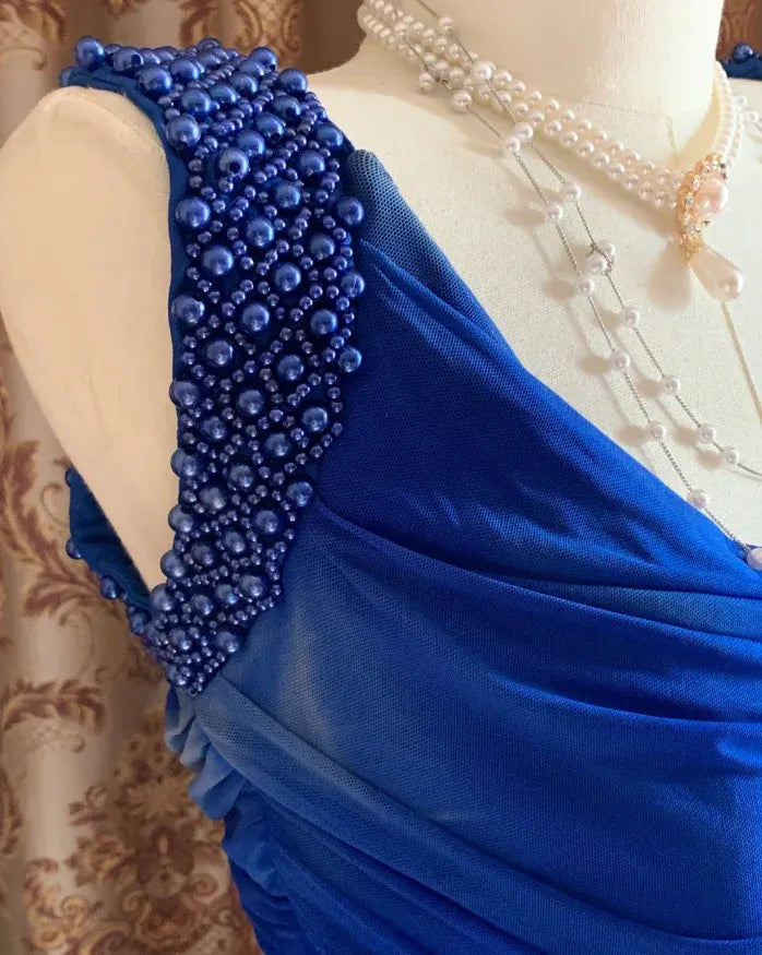 Mermaid Cowl Neck Beaded Pleated Royal Blue Maxi Evening Dress
