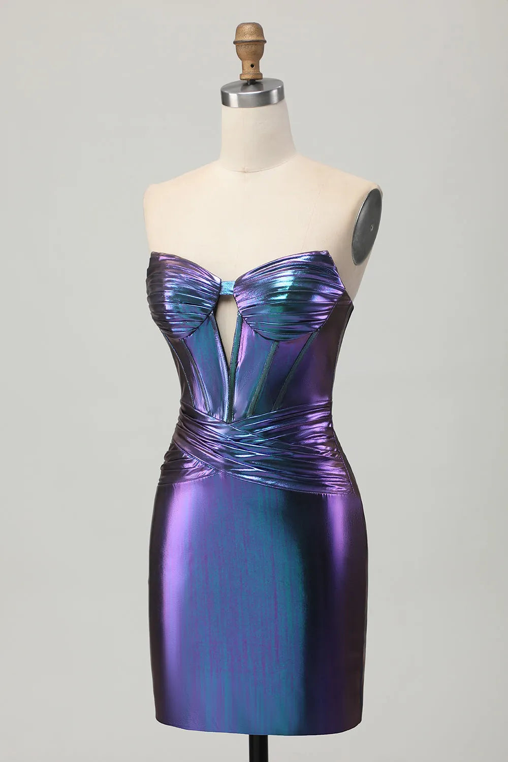 Metallic Blue Purple Corset Strapless Keyhole Short Homecoming Dress