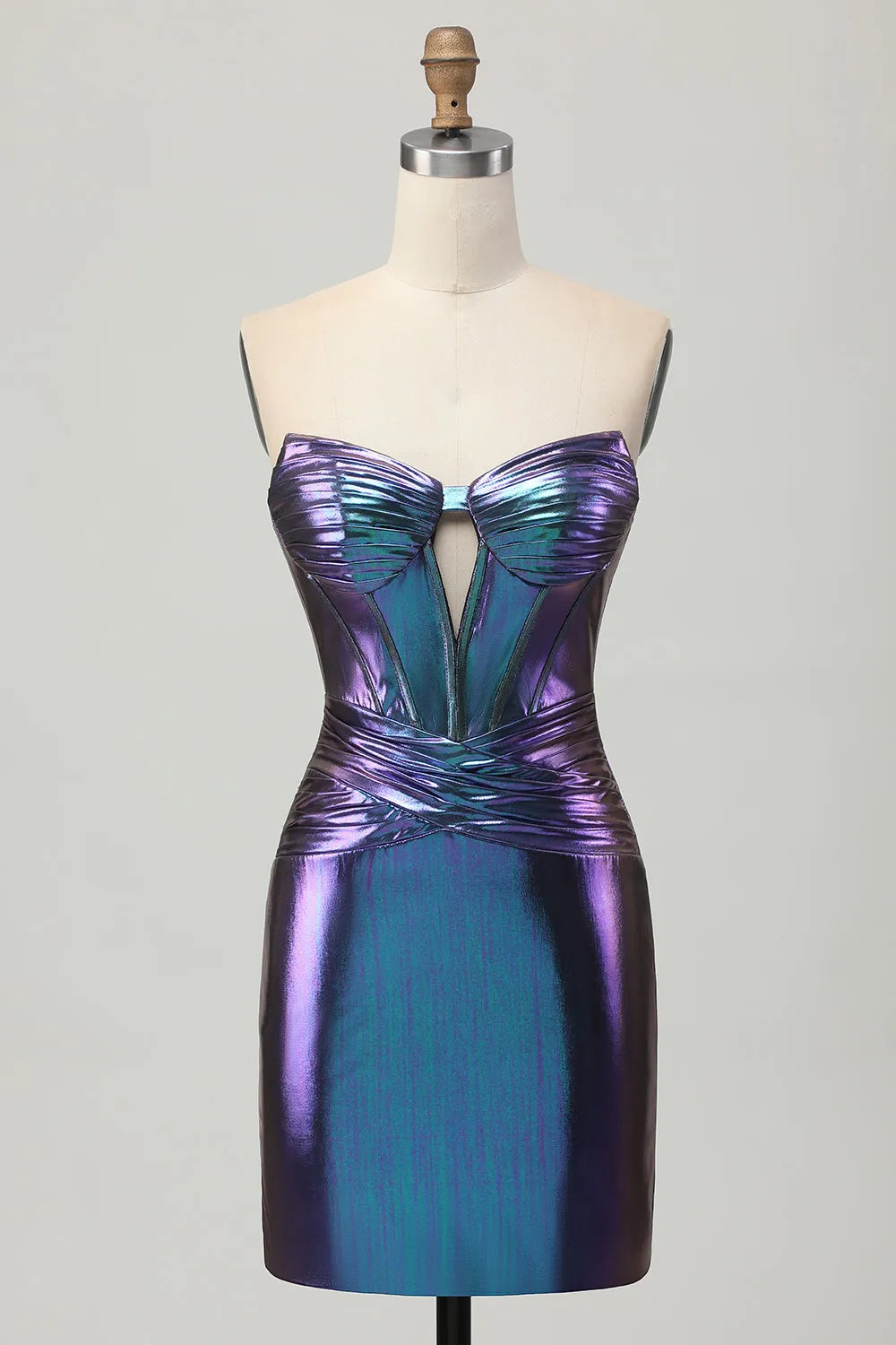 Metallic Blue Purple Corset Strapless Keyhole Short Homecoming Dress