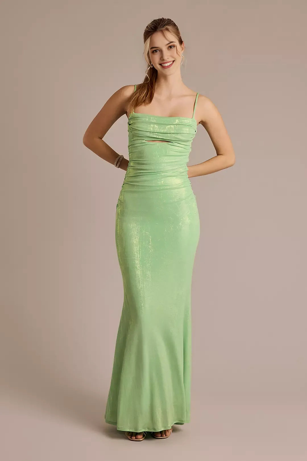 Metallic Draped Neckline Cutout prom dresses