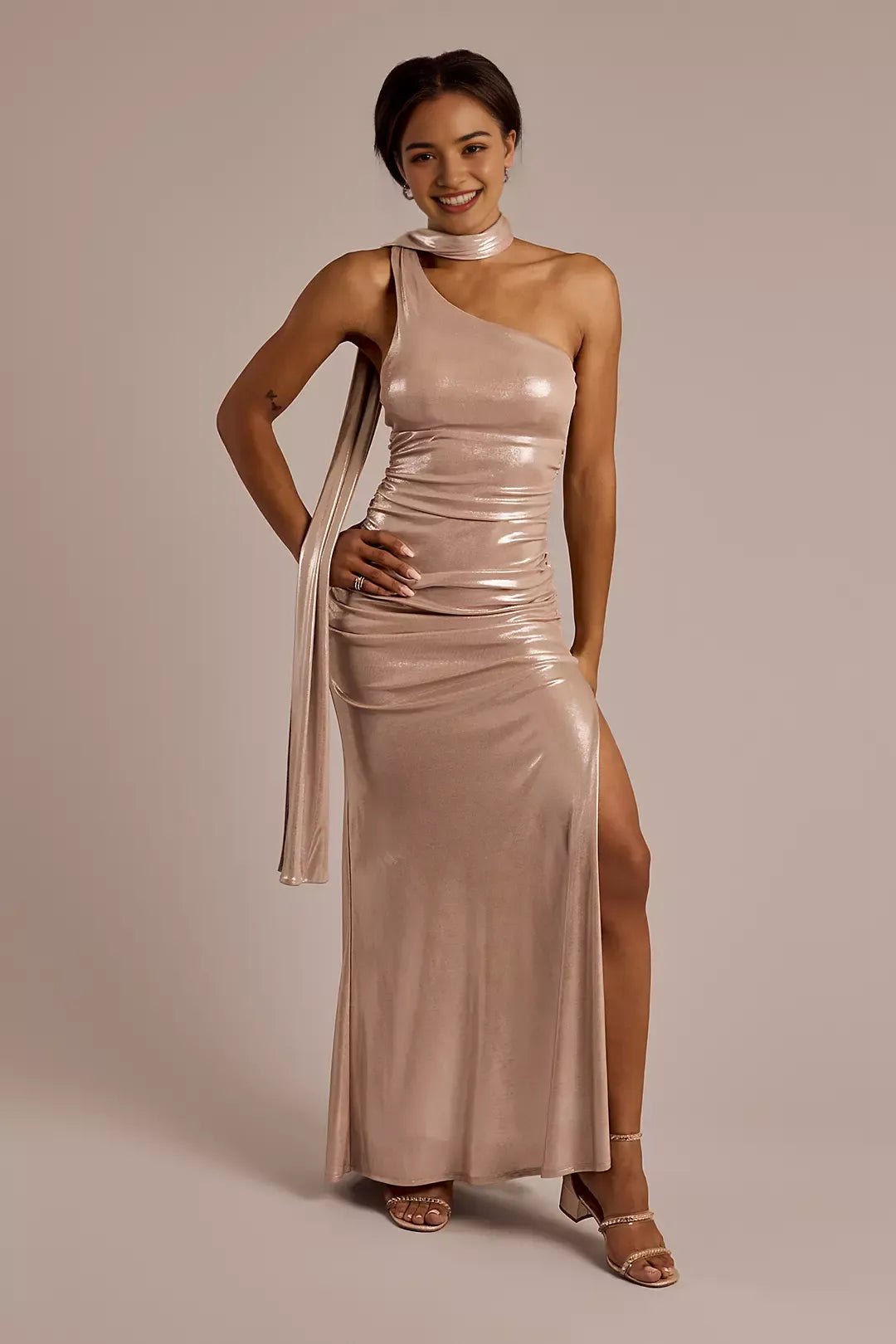 Metallic One-Shoulder prom-dresses with Neck Scarf