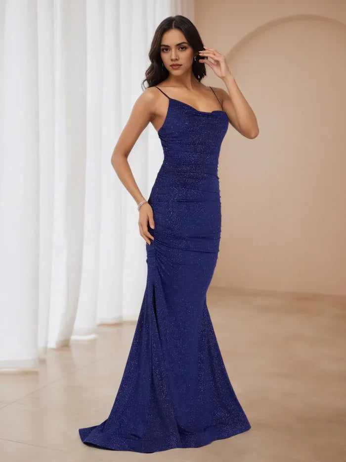 Midnight Blue Tulle Prom Dress Spaghetti Straps Ruched Mermaid Skirt  Ethereal Charm for School Dances