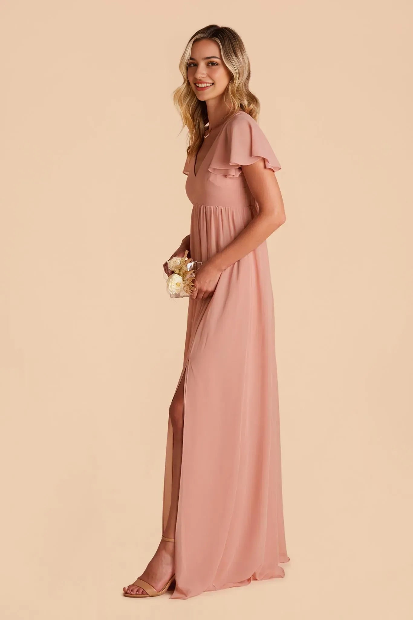 Minimalist Blush Chiffon V Neck Prom Dress  Flutter Sleeves  Side Slit for Clean Line Urban Formal Events