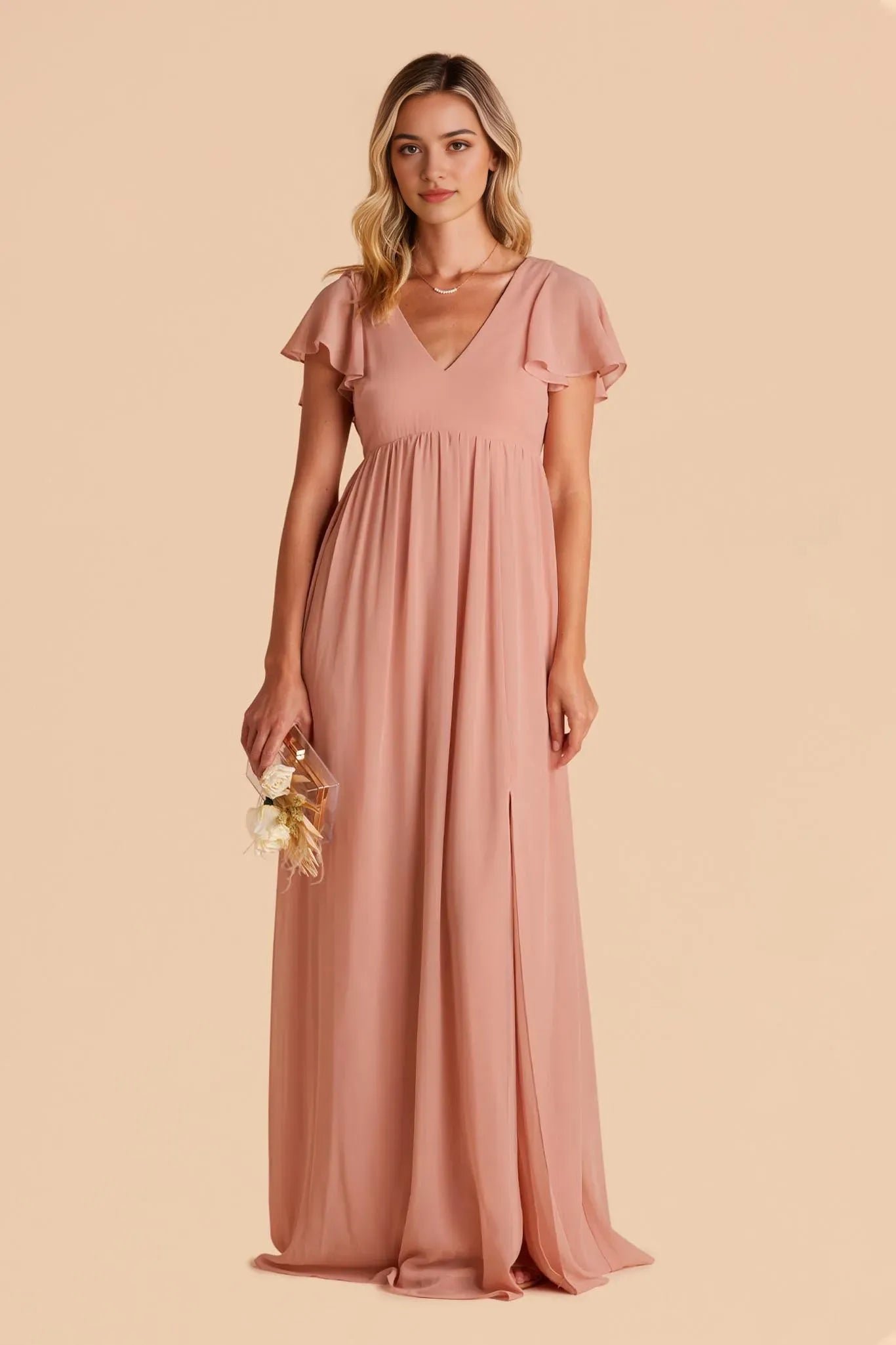 Minimalist Blush Chiffon V Neck Prom Dress  Flutter Sleeves  Side Slit for Clean Line Urban Formal Events