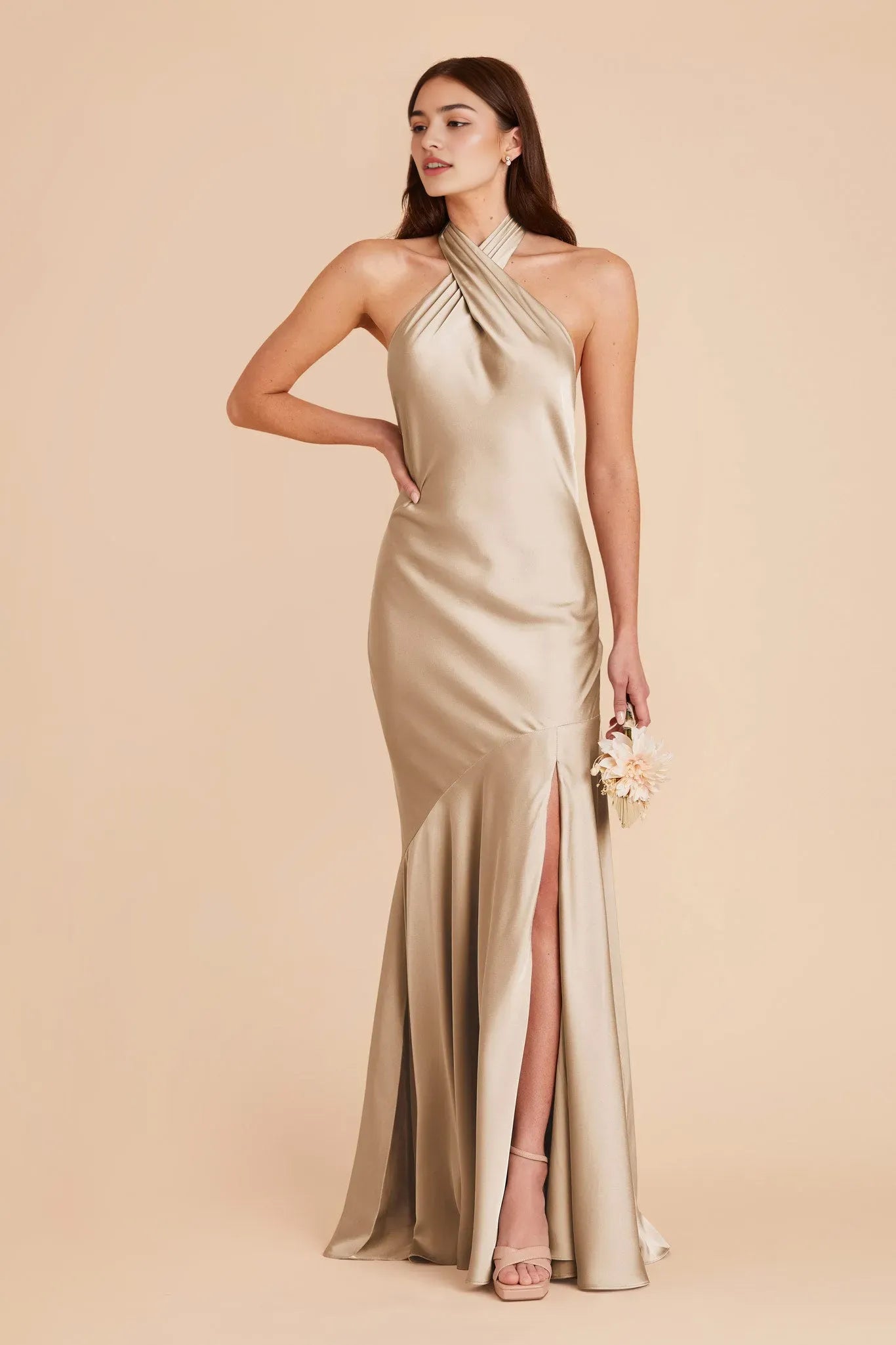 Minimalist Champagne Satin Halter Dress Cross Neck  Side Slit for Understated Luxury
