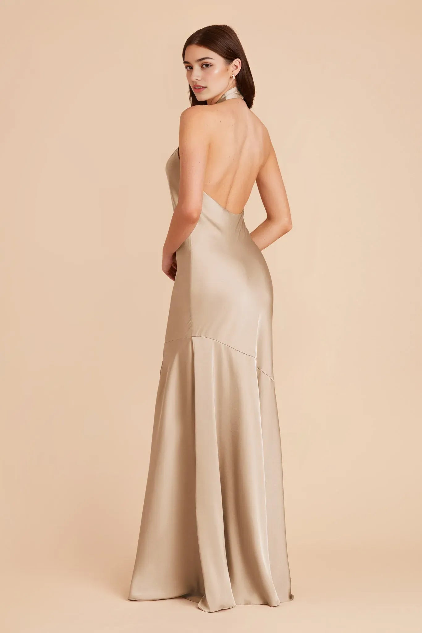 Minimalist Champagne Satin Halter Dress Cross Neck  Side Slit for Understated Luxury