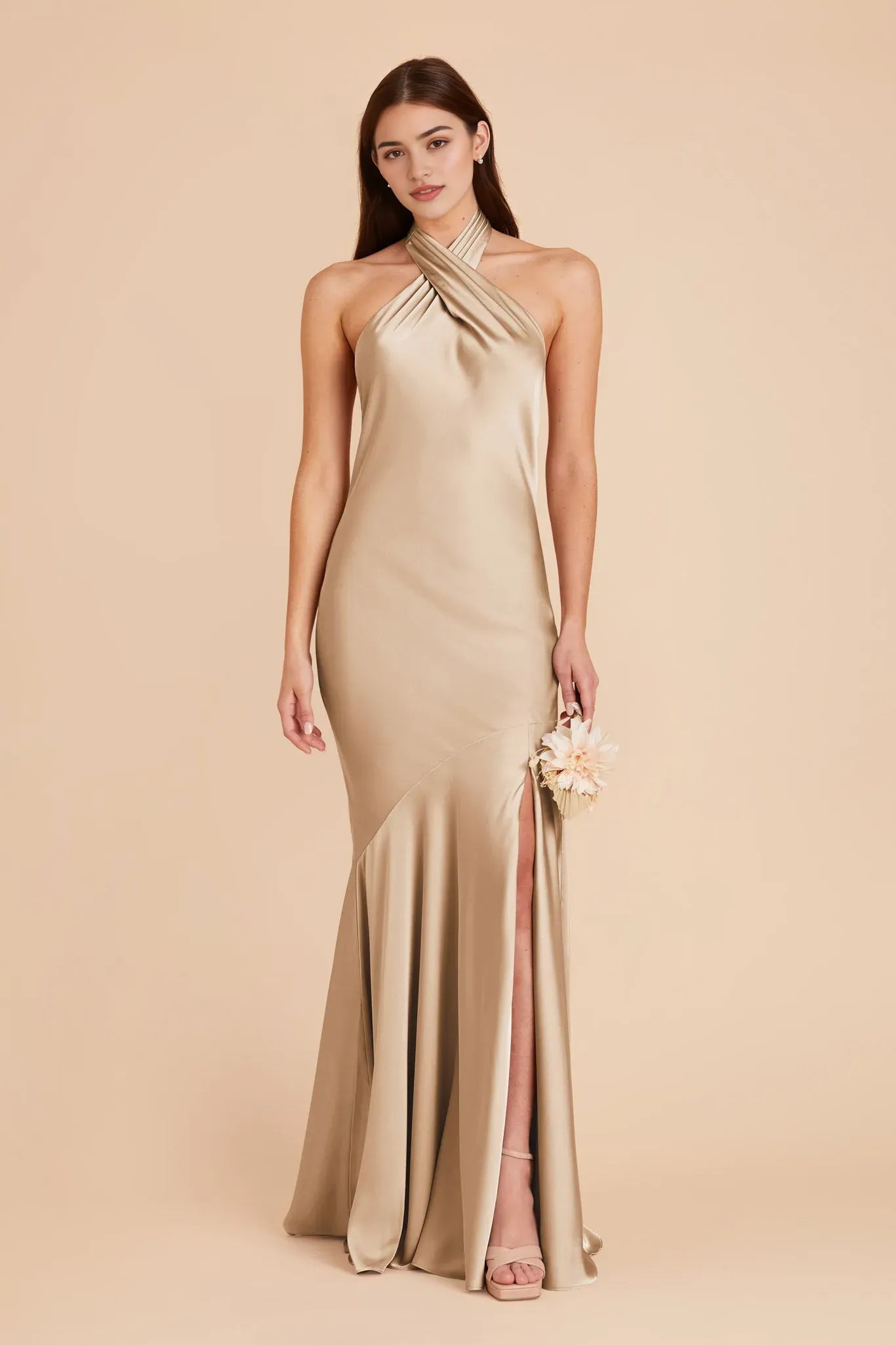 Minimalist Champagne Satin Halter Dress Cross Neck  Side Slit for Understated Luxury