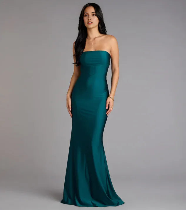 Minimalist Cutout Strapless Square Satin Mermaid Formal Prom Dresses