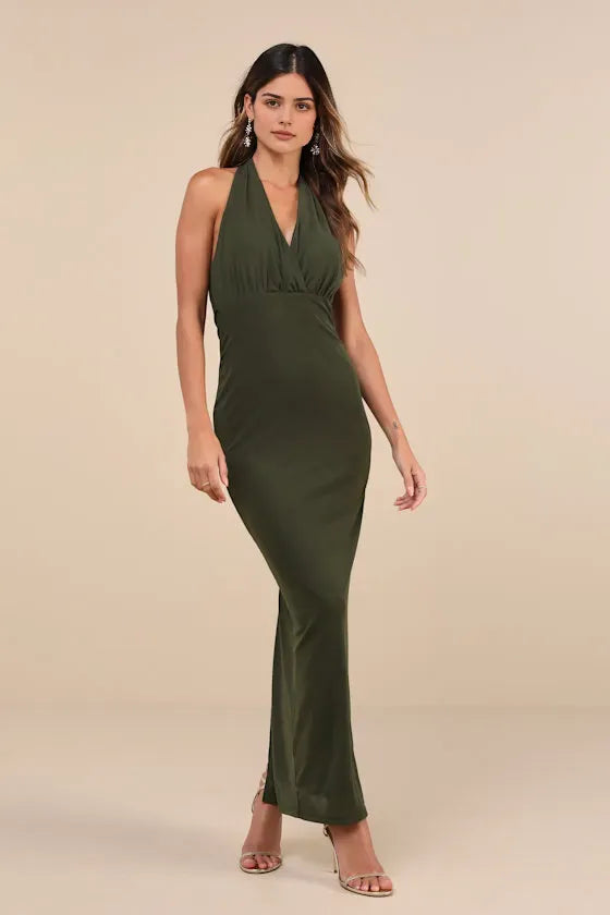 Minimalist Olive Green Halter Neck Evening Dresses with Plunging V - Neck  Bodycon Fit Sophisticated Style for Formal Galas