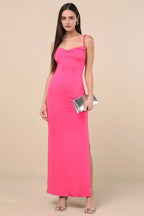 Minimalist Pink Spaghetti Strap Evening Dresses with Cowl Neck Side Slit Perfect for Understated Luxury