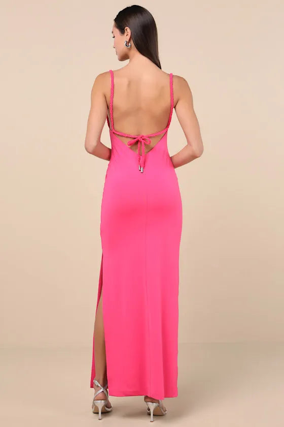 Minimalist Pink Spaghetti Strap Evening Dresses with Cowl Neck Side Slit Perfect for Understated Luxury