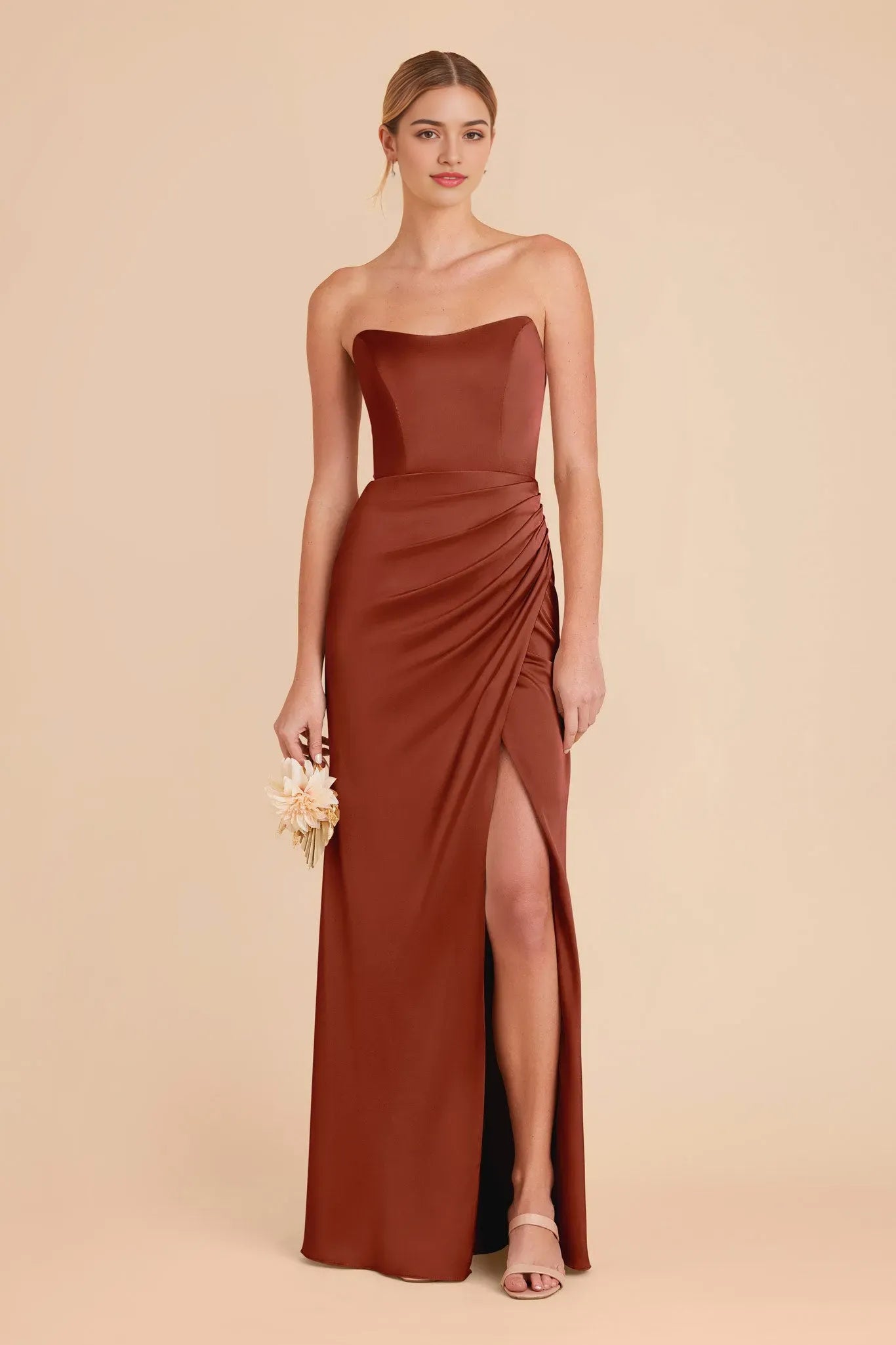 Minimalist Rust Satin Strapless Prom Dress - Sleek Silhouette with Side Slit for Understated Elegance