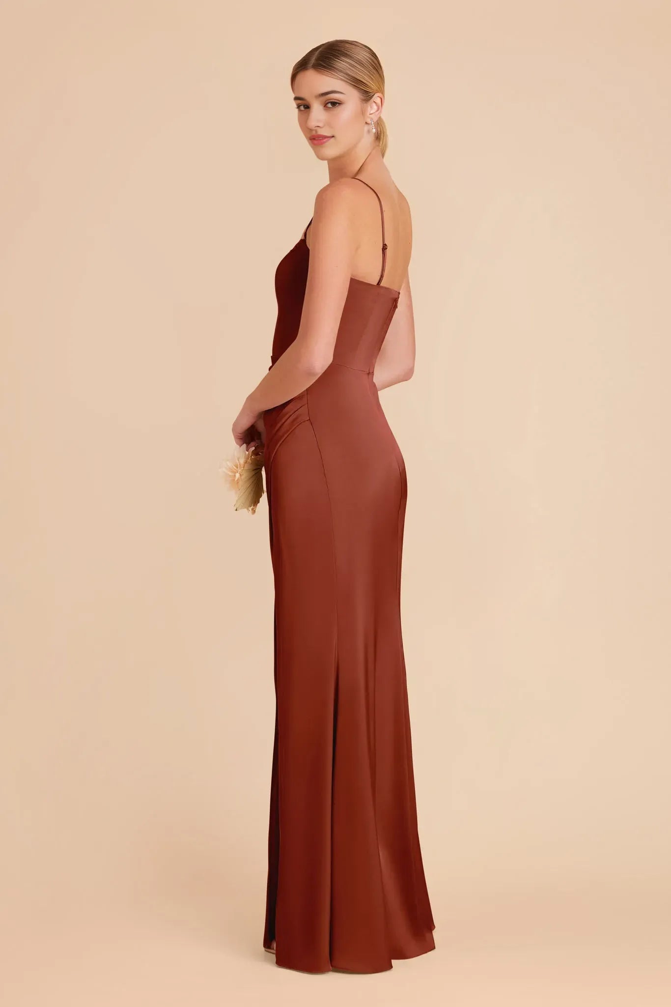 Minimalist Rust Satin Strapless Prom Dress - Sleek Silhouette with Side Slit for Understated Elegance