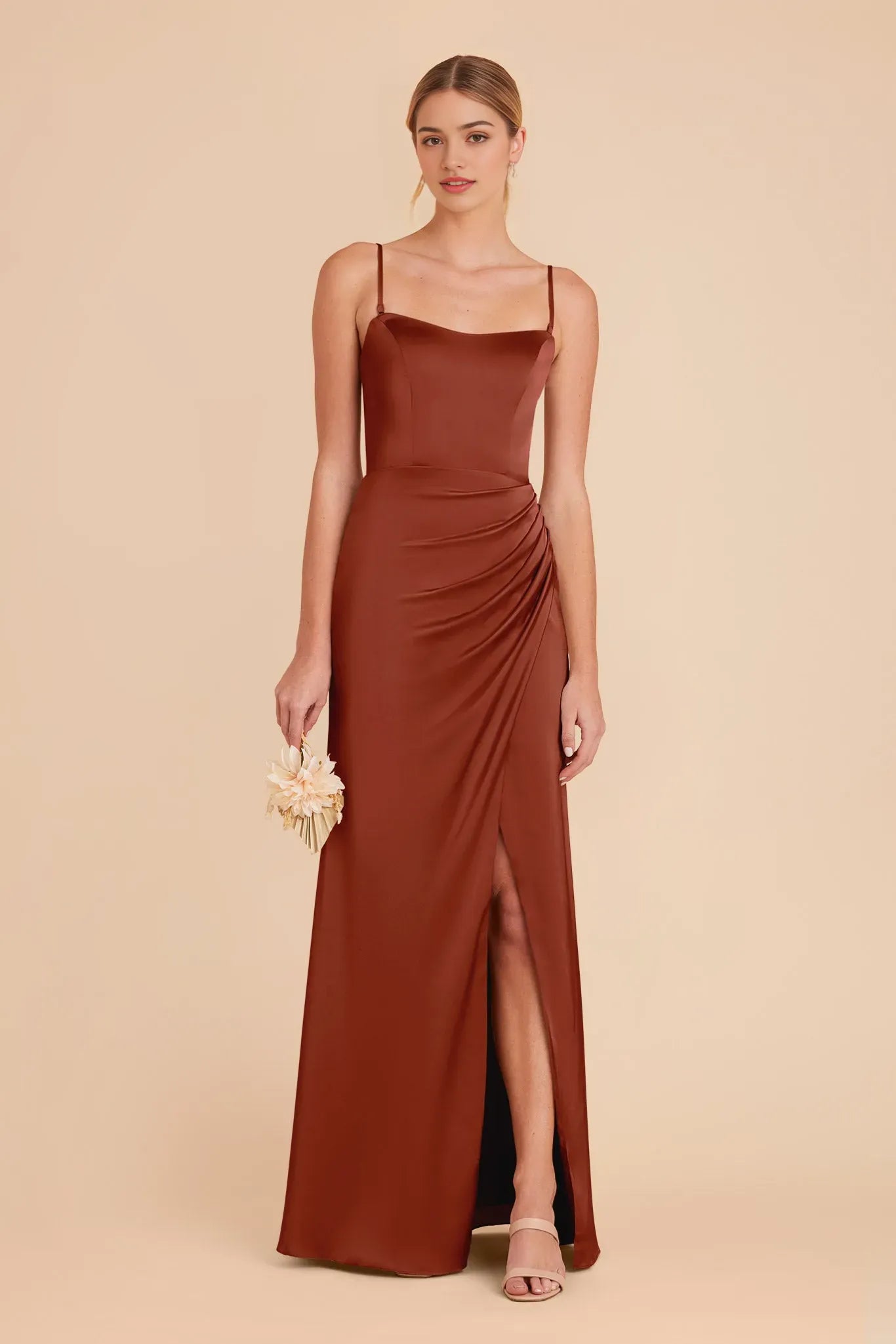Minimalist Rust Satin Strapless Prom Dress - Sleek Silhouette with Side Slit for Understated Elegance
