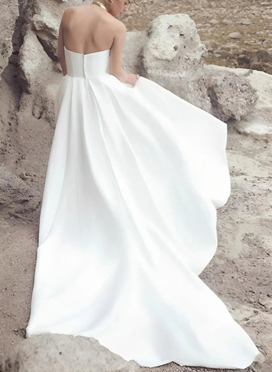 Minimalist Strapless Satin Wedding Dress Clean Lines High Slit