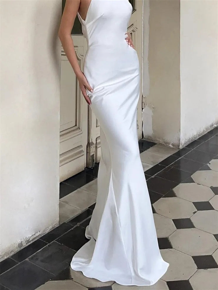 Minimalist White Satin Wedding Dress Halter Neckline Floor Length Silhouette