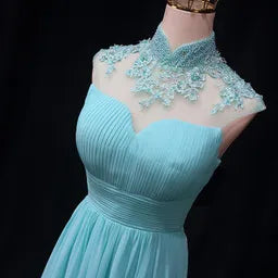 Mint Blue Chiffon Beaded High Neckline Wedding Party Dress
