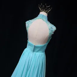 Mint Blue Chiffon Beaded High Neckline Wedding Party Dress