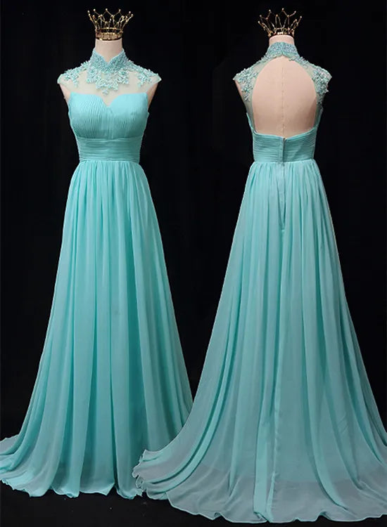 Mint Blue Chiffon Beaded High Neckline Wedding Party Dress