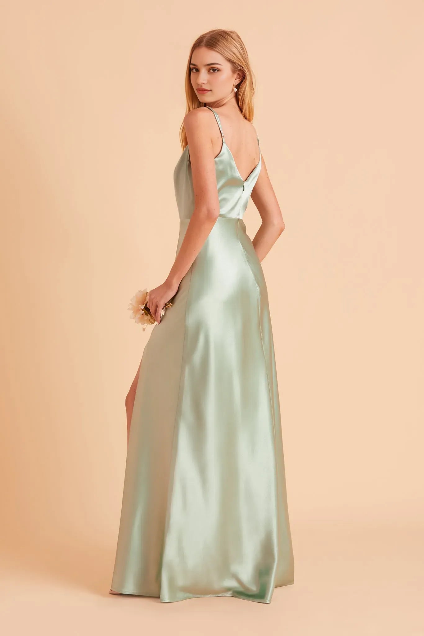 Mint Green Satin Deep V Neck Prom Dress Side Slit Tropical Resort  Inspired Silhouette for Dreamy Formal Getaways
