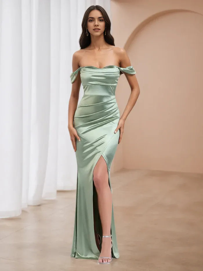 Mint Green Satin Prom Dress Off - Shoulder Ruched Bodice Woodland Fairy Charm for Garden Dances