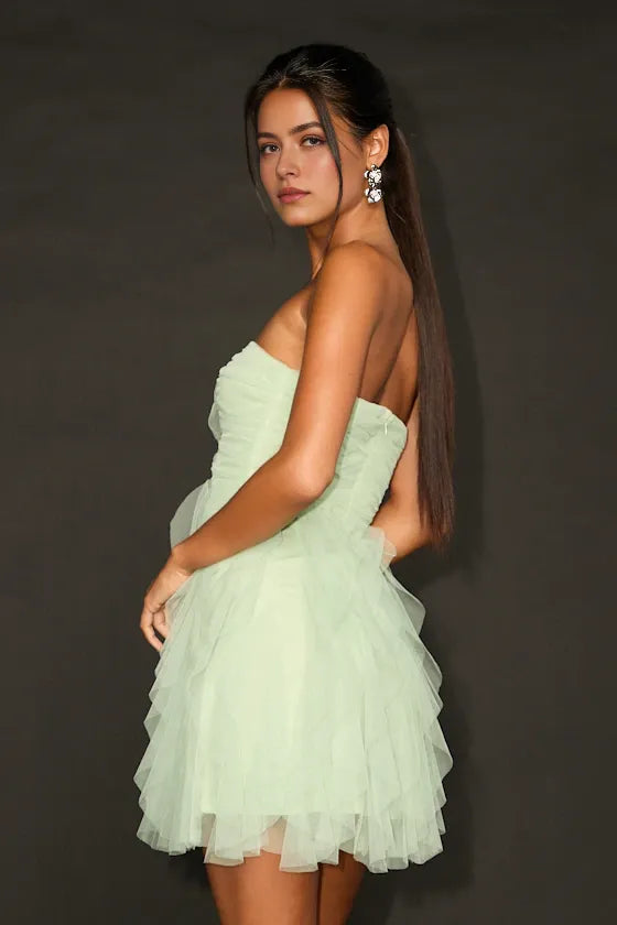 Mint Green Tulle Strapless Dress Fluffy Tiered Ruffles for Back to Homecoming Dresses