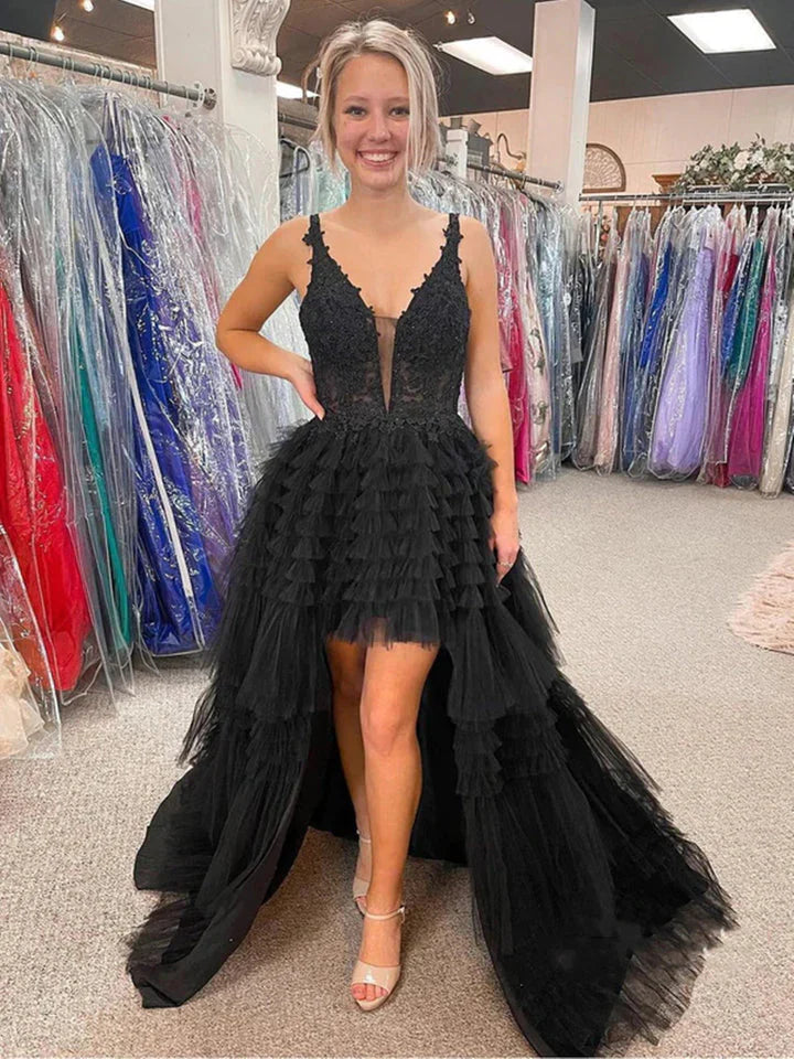 DingJiDress Straps V Neck Tulle High Low Prom Dresses With Applique