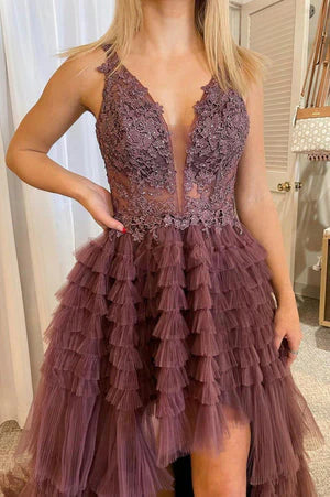 DingJiDress Straps V Neck Tulle High Low Prom Dresses With Applique