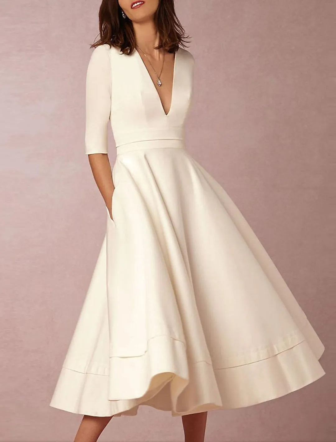 Modern Classic Midi Wedding Gown Deep V - Neck Elbow Sleeves Flared Skirt for a Timelessly Stylish