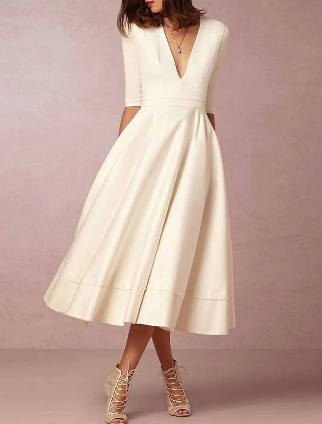 Modern Classic Midi Wedding Gown Deep V - Neck Elbow Sleeves Flared Skirt for a Timelessly Stylish