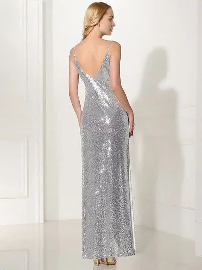 Modern Silver Evening Dress Sequin  Mother Dress Sheath Split V Neck Flower Ankle Length Party Dress