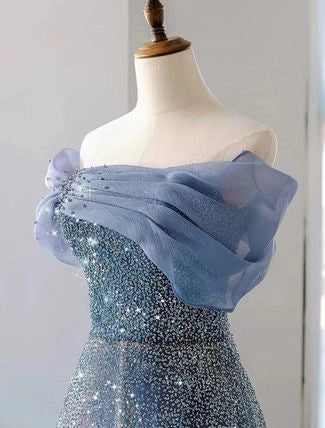 Modest Ball Gown Off The Shoulder Sequin Long Party Dress Gray Prom Dress