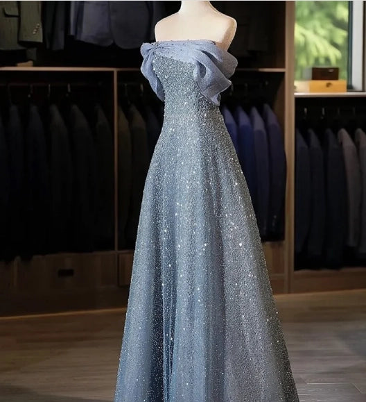 Modest Ball Gown Off The Shoulder Sequin Long Party Dress Gray Prom Dress