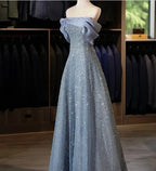 Modest Ball Gown Off The Shoulder Sequin Long Party Dress Gray Prom Dress