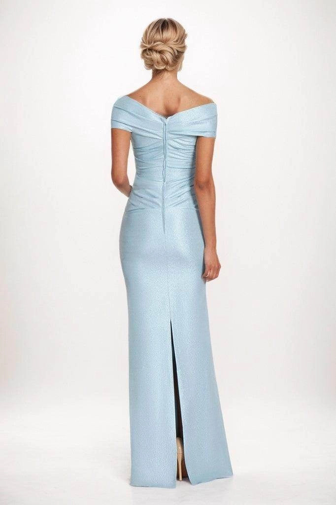 Mother's buttocks wrapped in light blue formal bridal gown