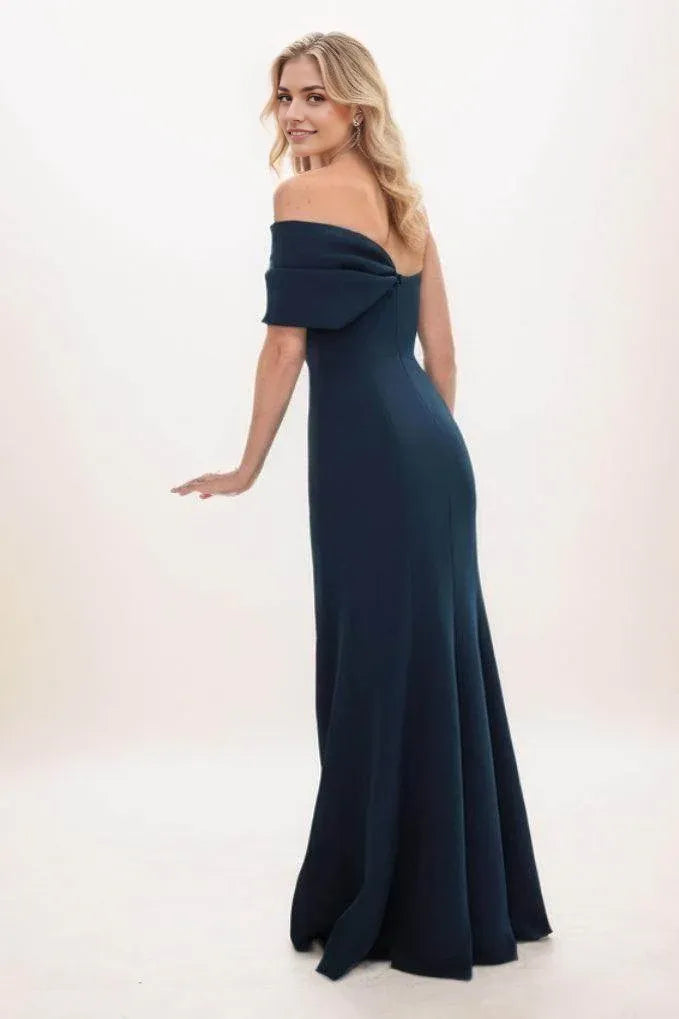 Mother in black satin off shoulder floor length bridal gown