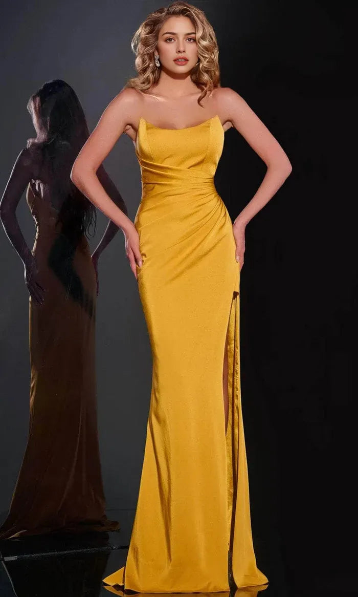 Mustard Yellow Satin Strapless Evening Dress with Draped Bodice and High Thigh Slit for Glamorous Occasions
