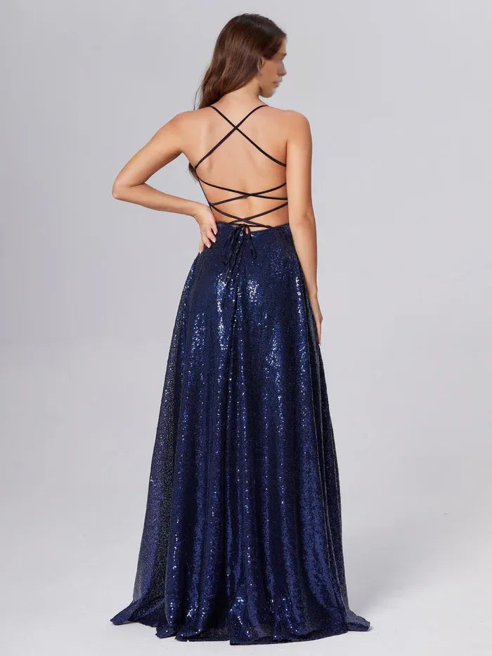 Natural Criss Cross Sequins Prom Dresses