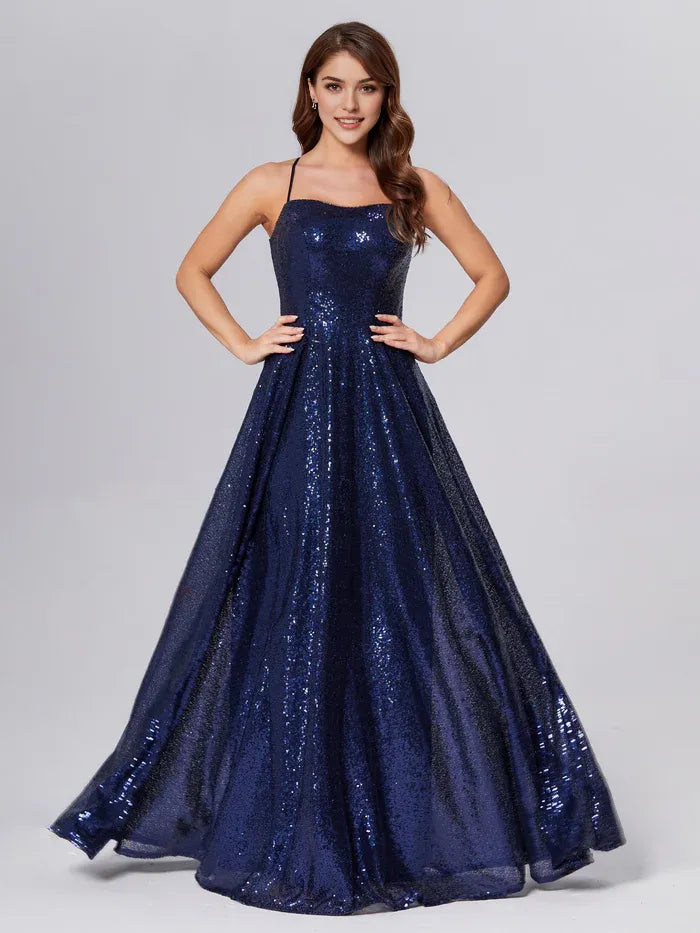 Natural Criss Cross Sequins Prom Dresses