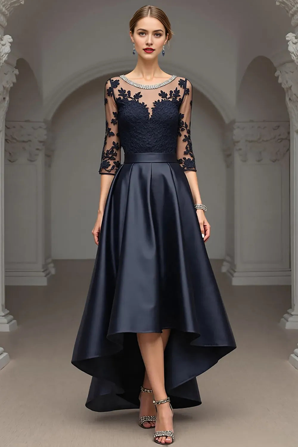 Navy A Line High Low Mother Of The Bride Dress With Appliques ﻿